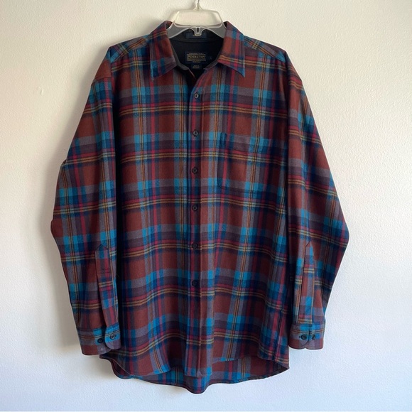 Pendleton Mens L Brown Blue Burgundy Gold Plaid Virgin Wool Lodge L S Shirt - Picture 1 of 7